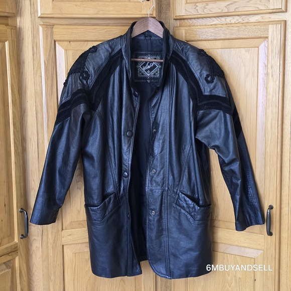 Vintage Winlit Black Button Leather Jacket Embroidered Women's Genuine Leather M - Picture 1 of 15